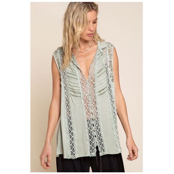 Sleeveless woven top in Desert Sage with Lace Accents - Picture 5 of 8